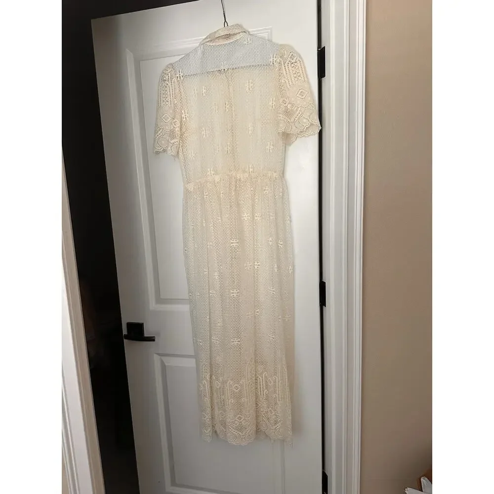 Vintage Fine Lace Dress 4 To 6 1960s With Satin Slip Rhinestone Buttons - Picture 11 of 15